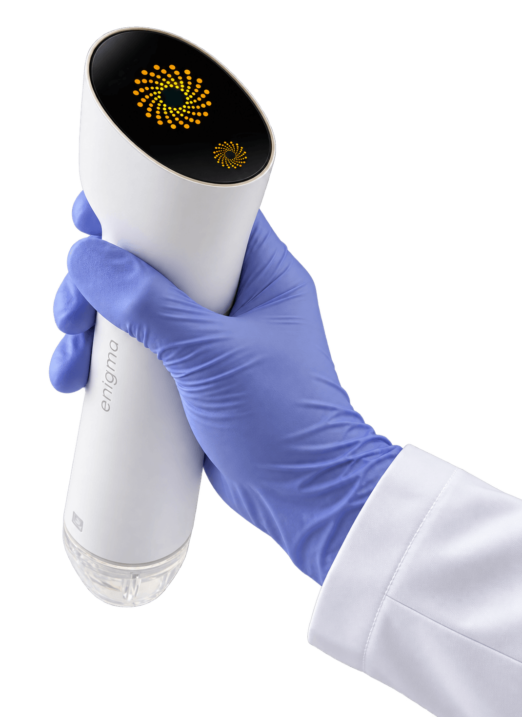 Enigma held in a gloved hand, showing the compact device and integrated display