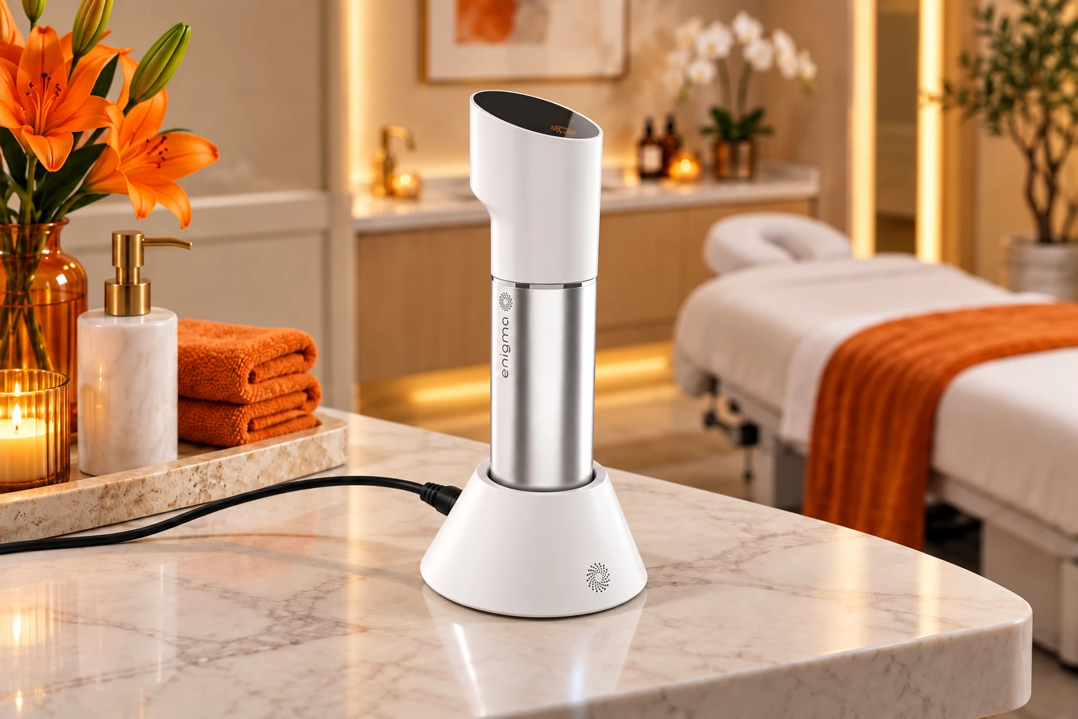 Enigma with its silver aluminum handpiece and branded charging base on a treatment-room counter